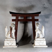 Vintage Japanese Plaster Toyokawa Inari Fox Statues Pair Torii Gate Shinto0