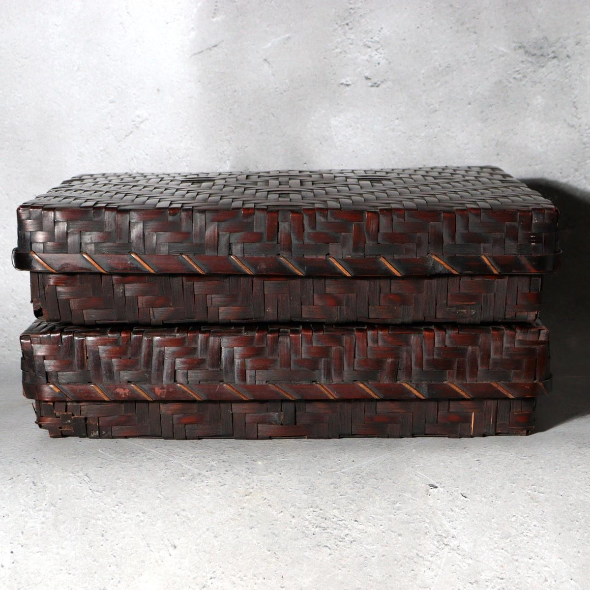 Vintage Japanese Bamboo Woven Rectangular Box Set of 2 Geometric Pattern Basket9