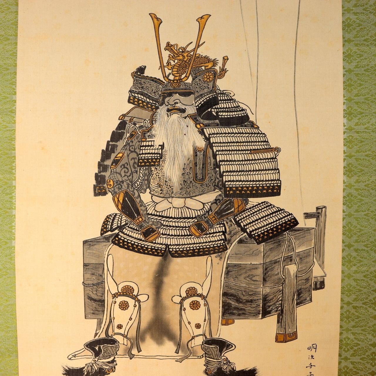 Antique Japanese Hanging Scroll Kakejiku Samurai Armor Hand Painted Silk ASO4351