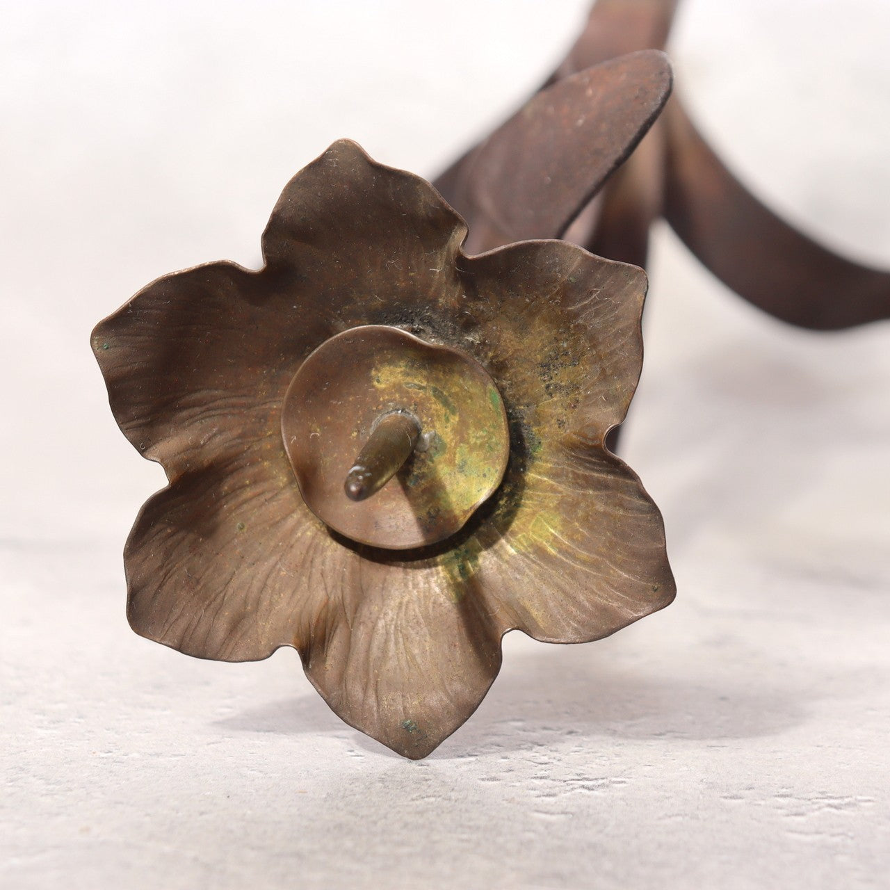 Japanese Antique Candle Stand Teshoku Iron Copper Narcissus Flower Rustic BV71716