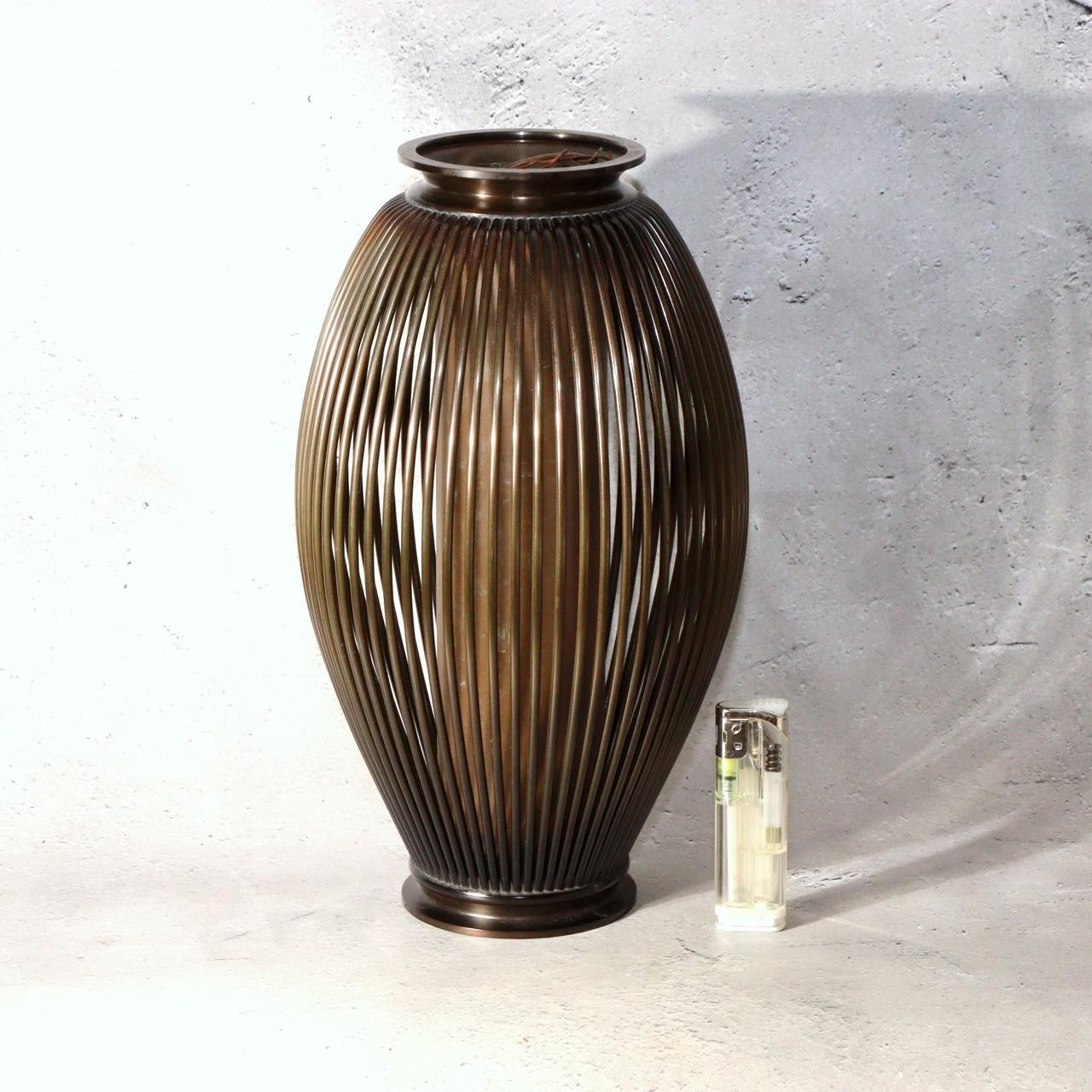 Japanese Vintage Hoyu Cast Bronze Flower Vase Basket Style Ikebana Box 27.5cm6