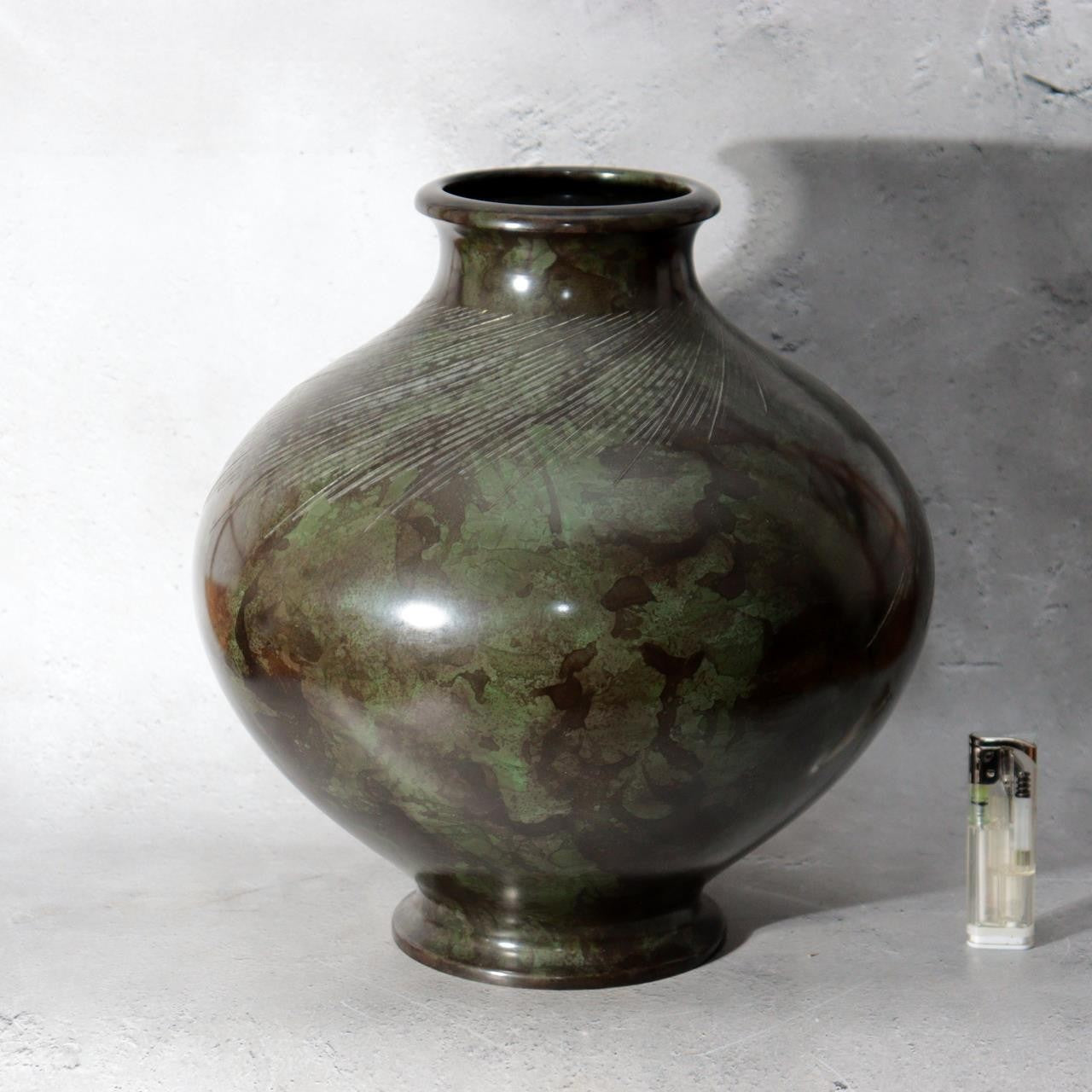 Japanese Bronze Vase Mottled Green Patina Engraved Lines Shimpo BV7710