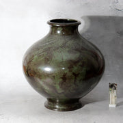 Japanese Bronze Vase Mottled Green Patina Engraved Lines Shimpo BV7710