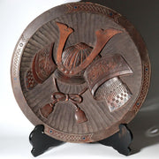 Pre-WWII Japanese Carved Wood Round Tray Samurai Kabuto Helmet Dragon Motif0