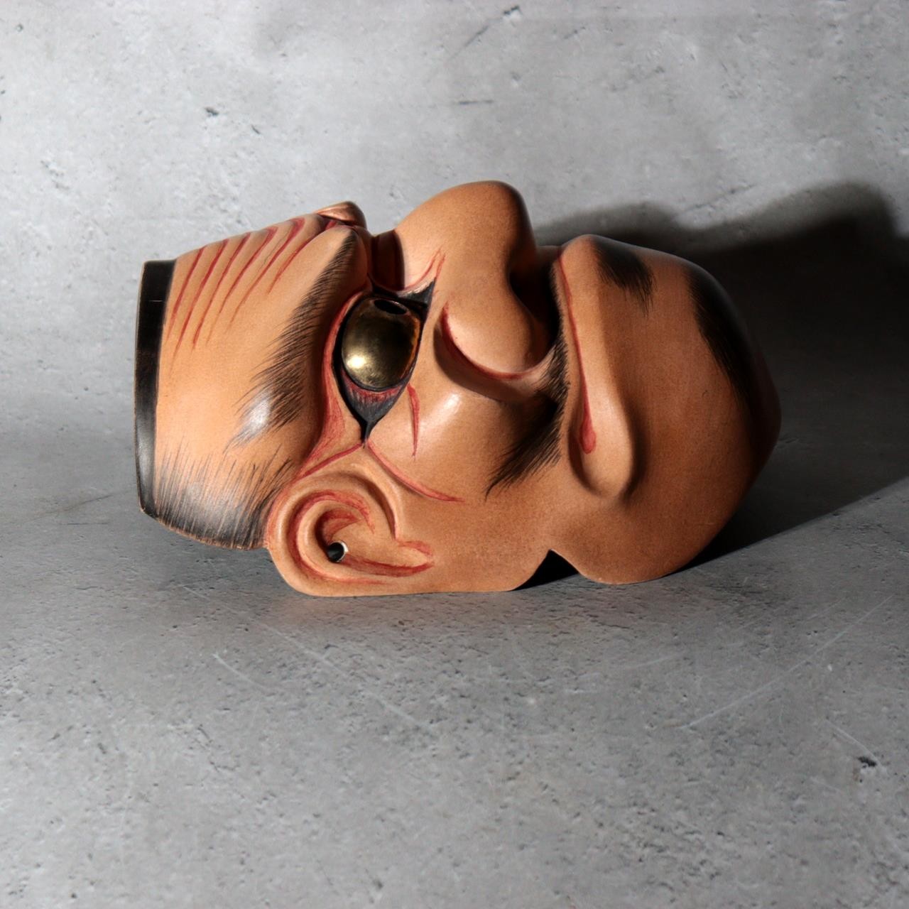 Japanese Carved Wooden Noh Mask Omi Male Demon with Bag MSK54613