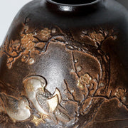 Vintage Japanese Takaoka Copper Bronze Vase Ryusen Relief Inlay Mandarin Duck16