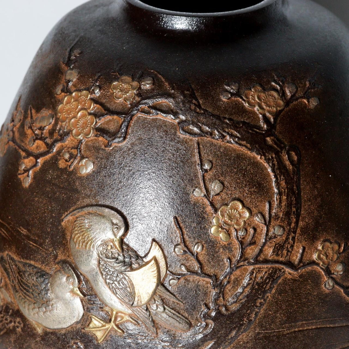 Vintage Japanese Takaoka Copper Bronze Vase Ryusen Relief Inlay Mandarin Duck16