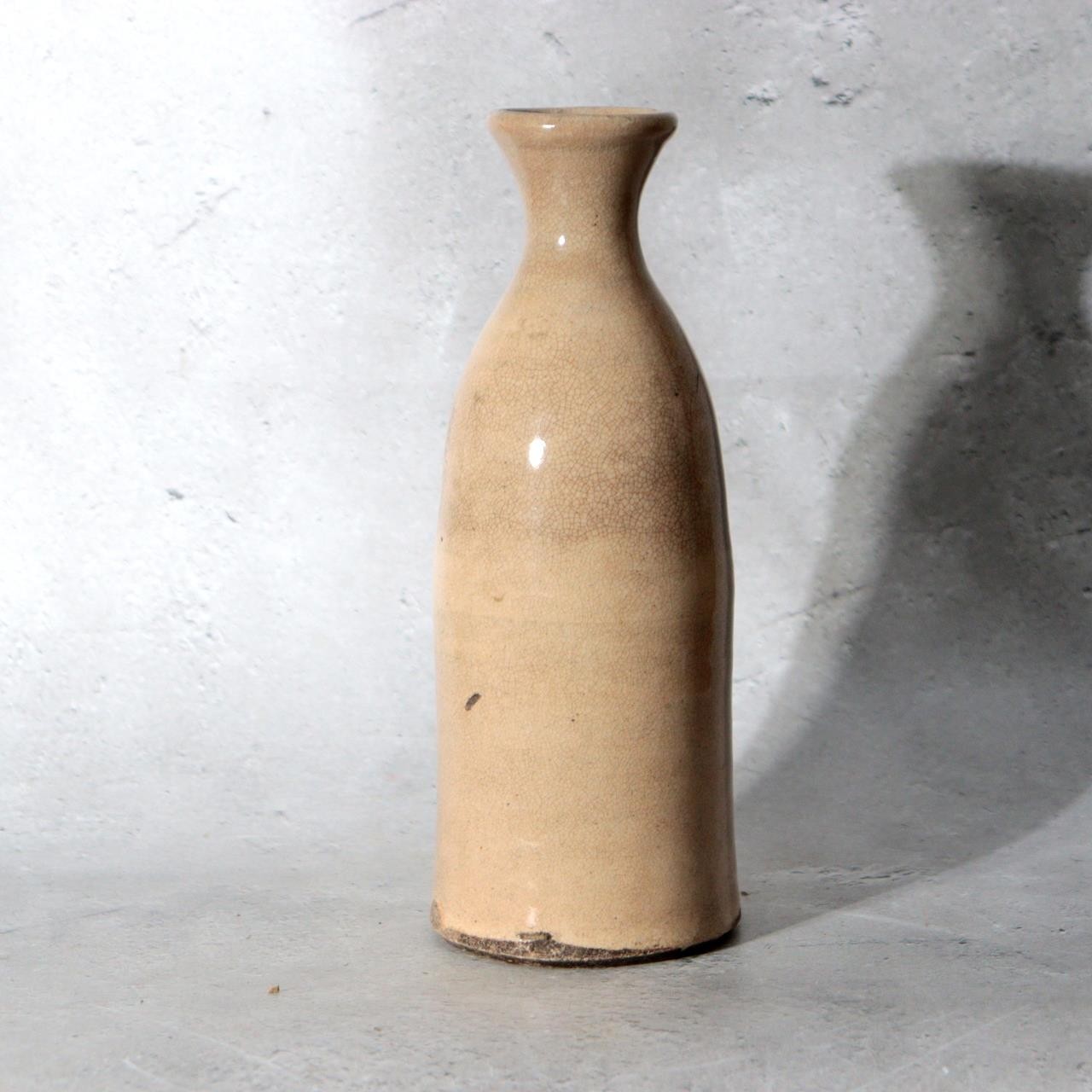 Late Edo Seto Ware Ceramic Sake Bottle Tokkuri Iron Brown Grass Motif PV3174