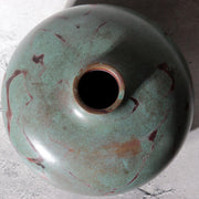 Japanese Takaoka Bronze Flat Round Vase Kankei Hanya Mottled Patina Tomobako3