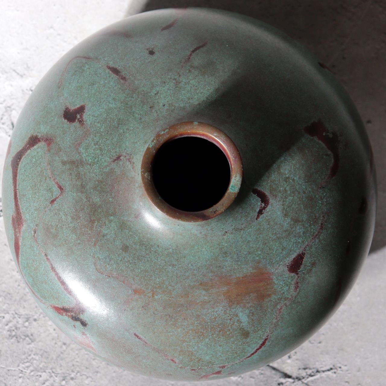 Japanese Takaoka Bronze Flat Round Vase Kankei Hanya Mottled Patina Tomobako3