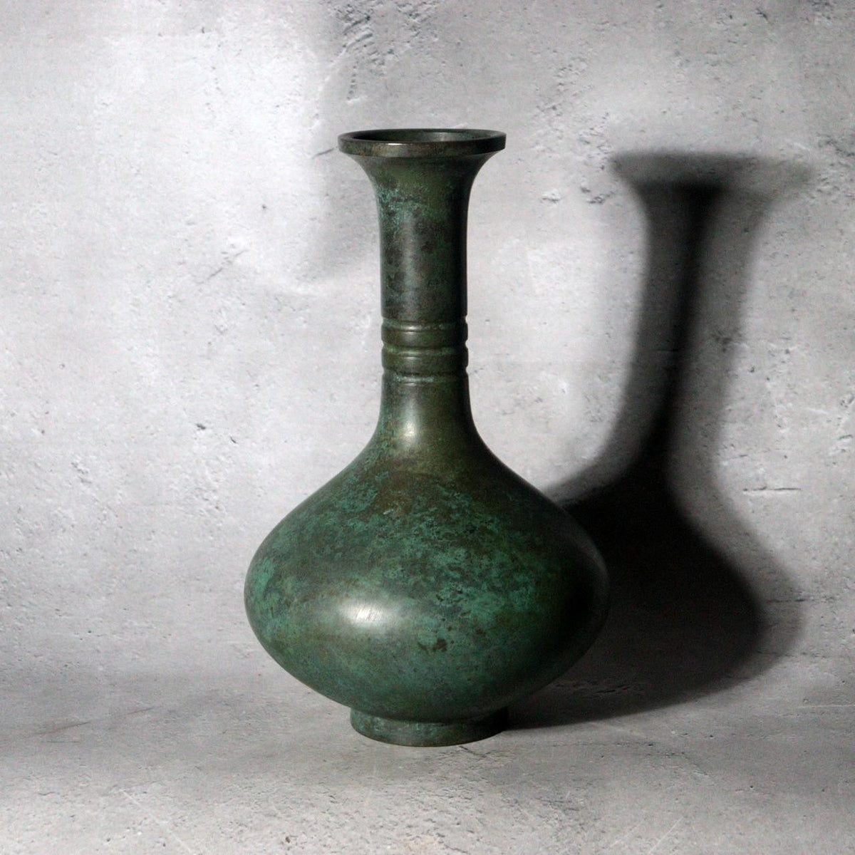 Vintage Japanese Takaoka Cast Bronze Vase Crane Neck by Zuiho Green Patina3