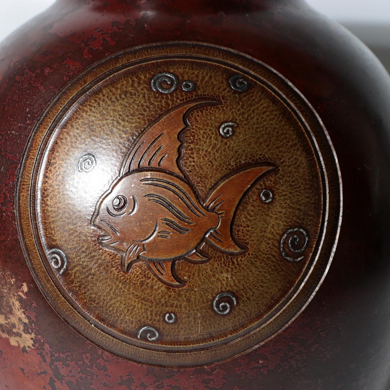 Vintage Japanese Copper Vase Silver Inlay Angelfish Motif Bronze BV7851