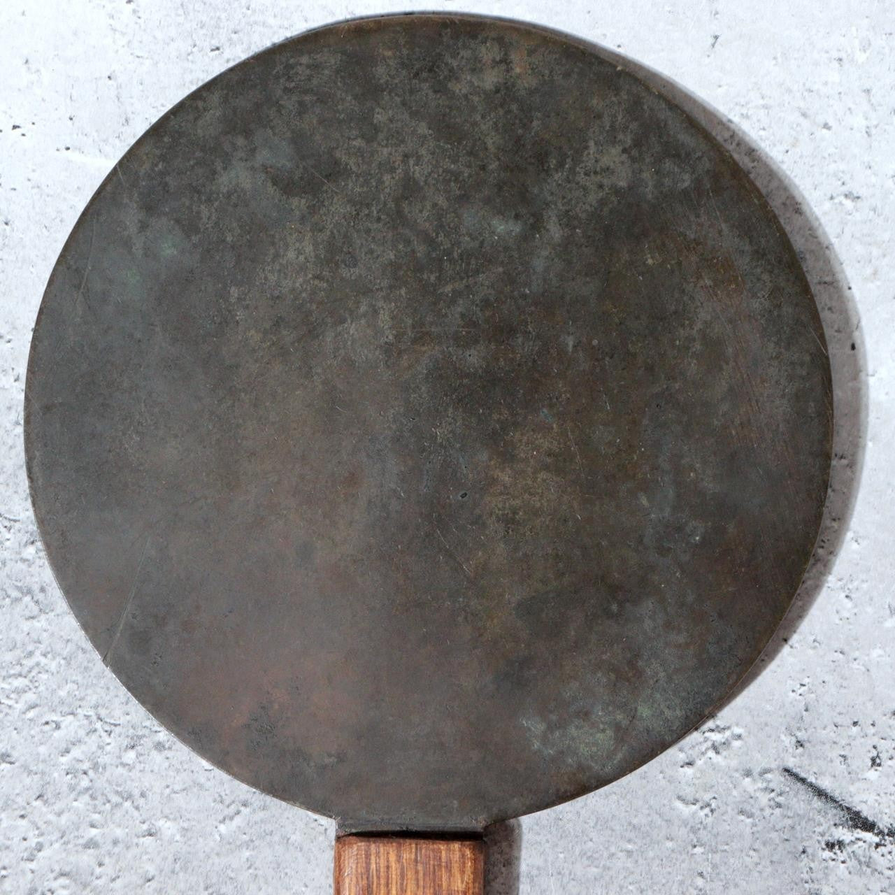 Antique Edo Period Bronze Hand Mirror Fujiwara Yoshikatsu Wooden Handle BOSa491