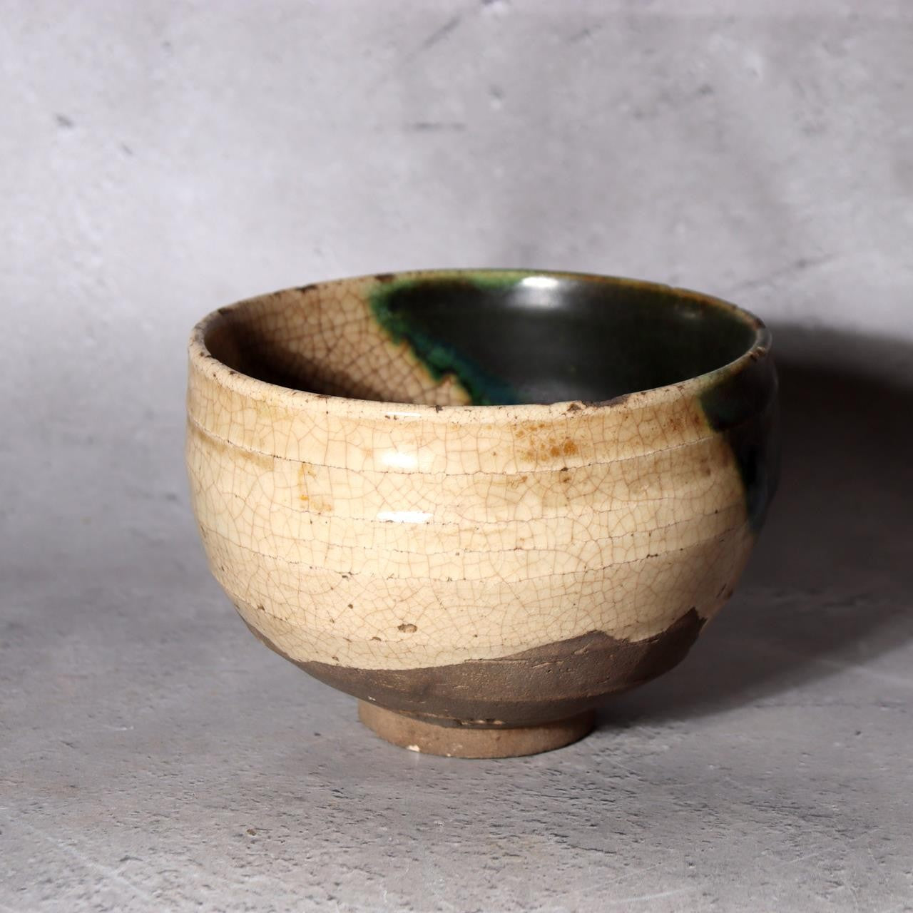 Japanese Seto-Oribe Matcha Tea Bowl Emerald Green Crackle Glaze Chawan Sidned7