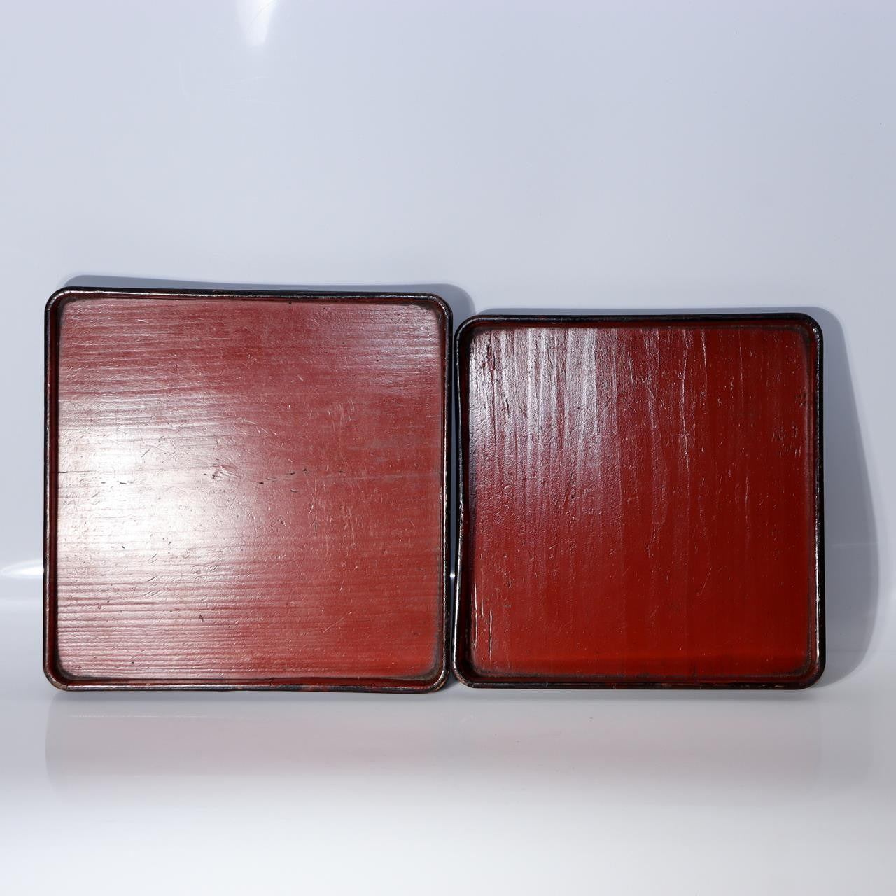 Antique Japanese Aizu Lacquer Square Wooden Serving Tray Set of 2 WO6071