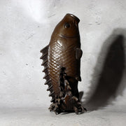 Antique Japanese Bronze Koi Carp Splashing Waves Flower Vase Ichirin-zashi 21cm3