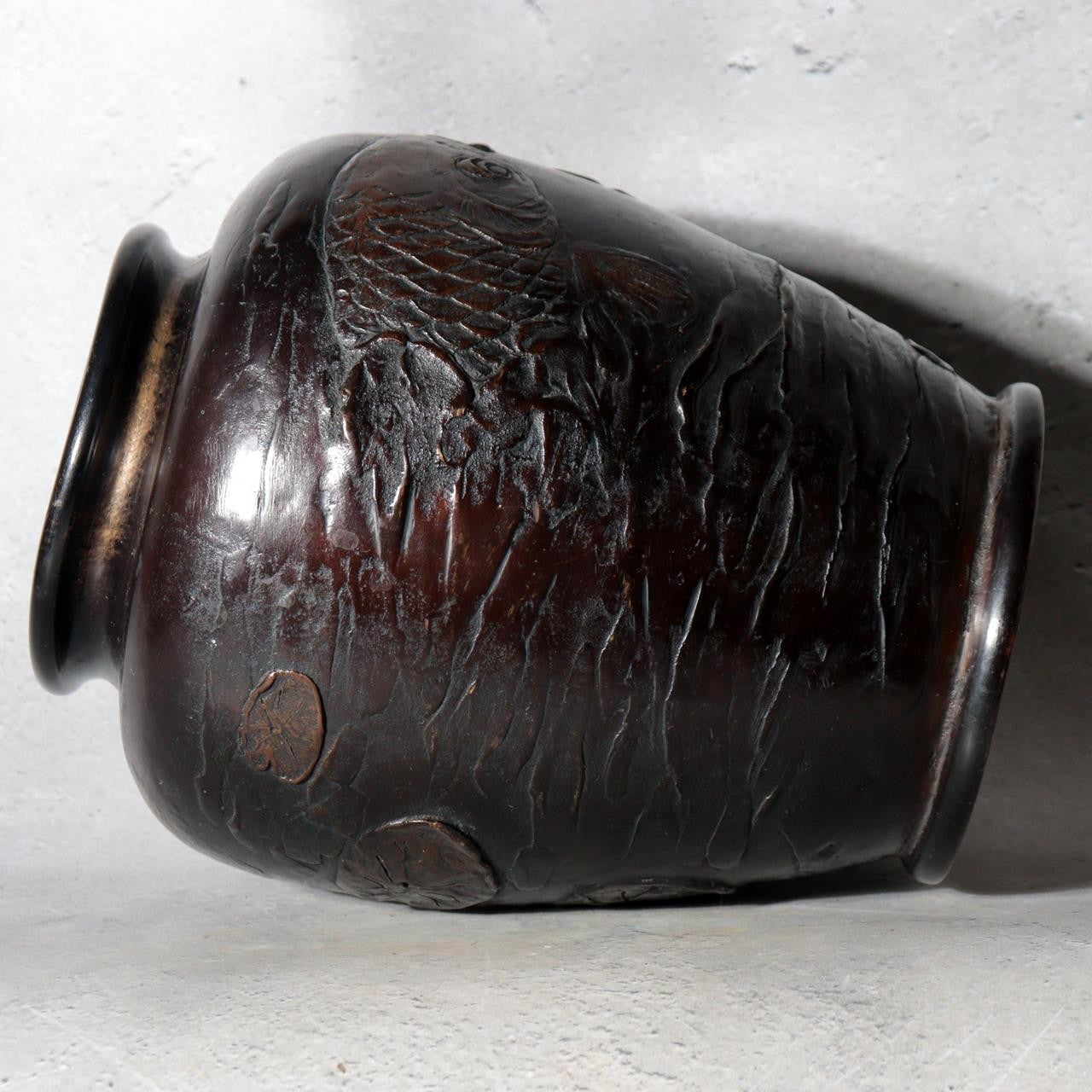 Antique Japanese Takaoka Bronze Vase Hozan Twin Koi Lotus Pond BV774-213