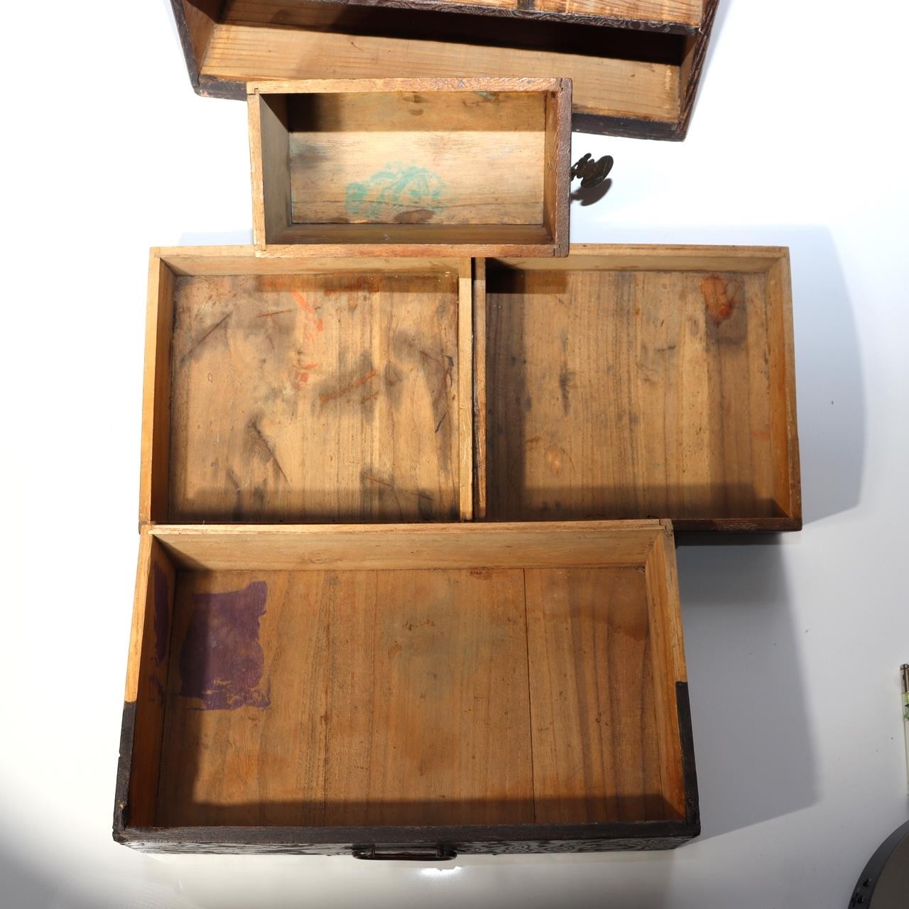 Antique Japanese Haribako Sewing Box Meiji Keyaki/Tamo Wood Brass Hardware Drawe17
