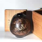 Vintage Japanese Takaoka Copper Bronze Vase Ryusen Relief Inlay Mandarin Duck0