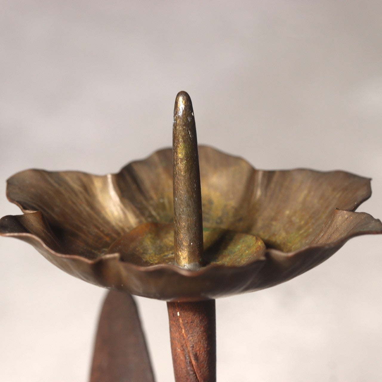 Japanese Antique Candle Stand Teshoku Iron Copper Narcissus Flower Rustic BV71712