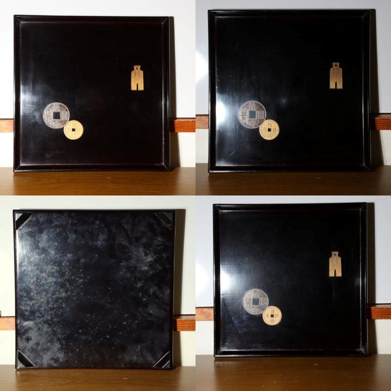 Set of 5 Japanese Lacquer Trays Ancient Coin Motif 35cm Urushibon WO57910