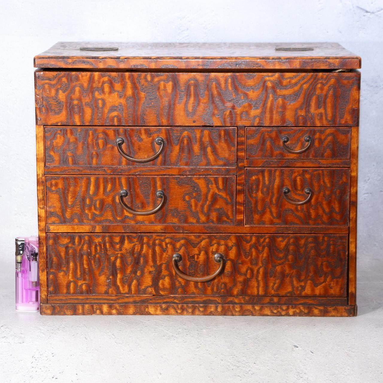 Vintage Japanese Tamo Wood Sewing Box Haribako Full Burl Grain Chest WO6061