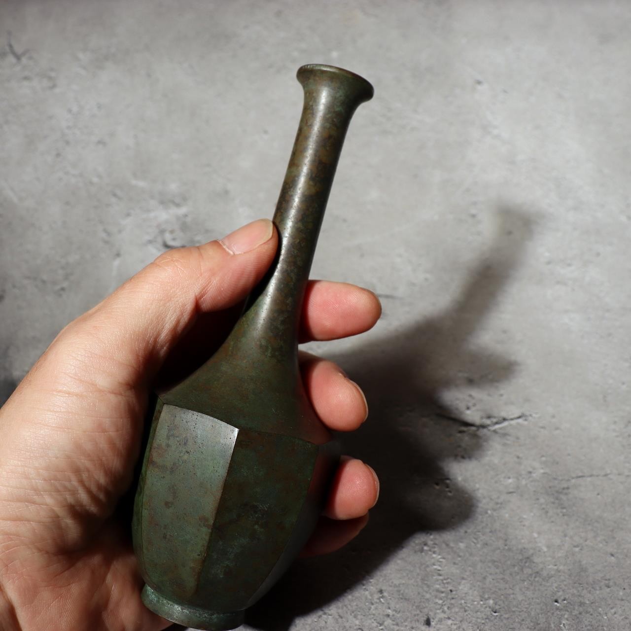 Vintage Japanese Bronze Bud Vase Faceted Hexagon Small Rare Mini Size Zen BV7201