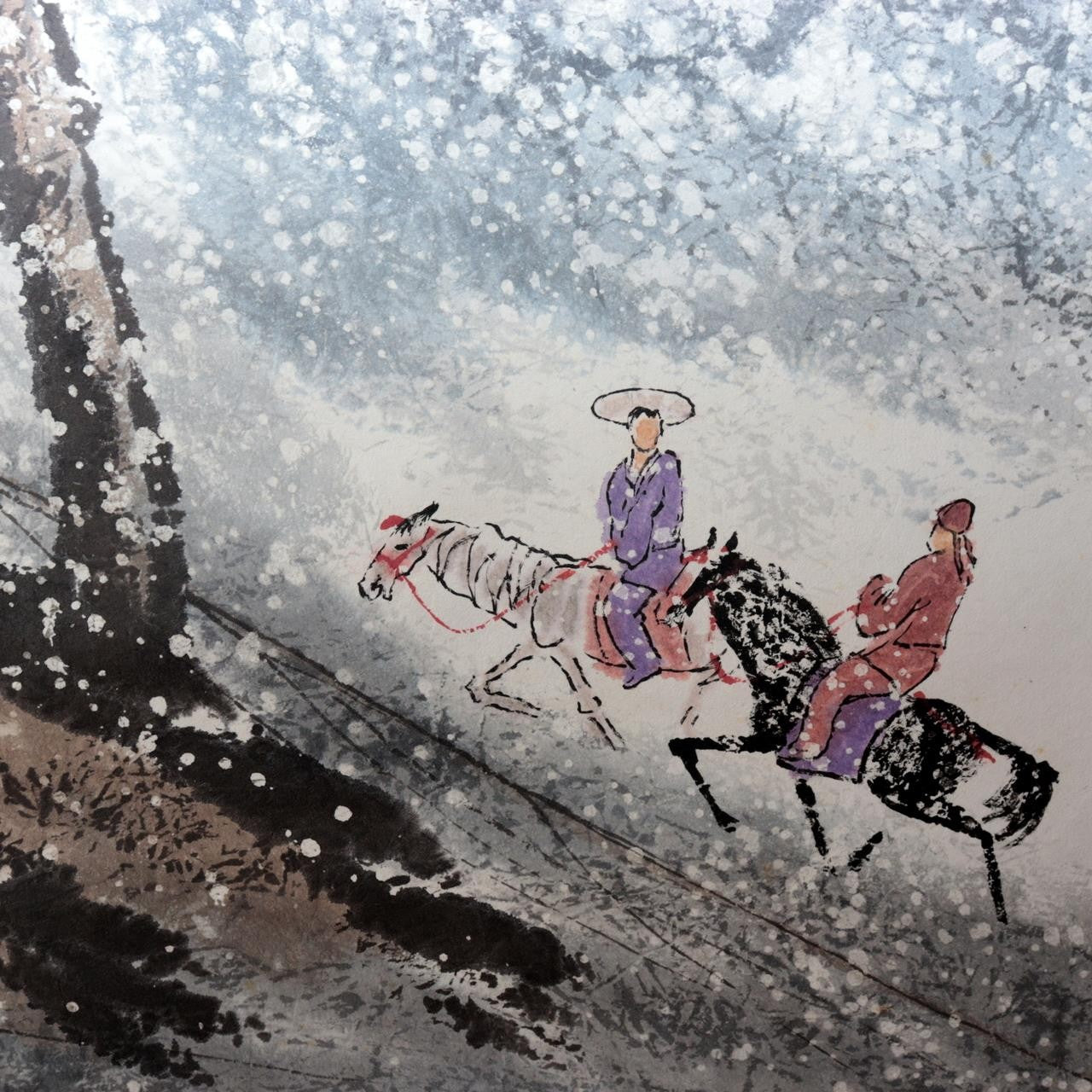 1993 Chinese Unmounted Ink Painting Makuri Snow Scene Willow Horse Riders7