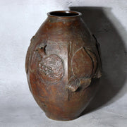 Large Japanese Master Bronze Vase by Hirai Shoho Cire Perdue Relief Fruit Motif1