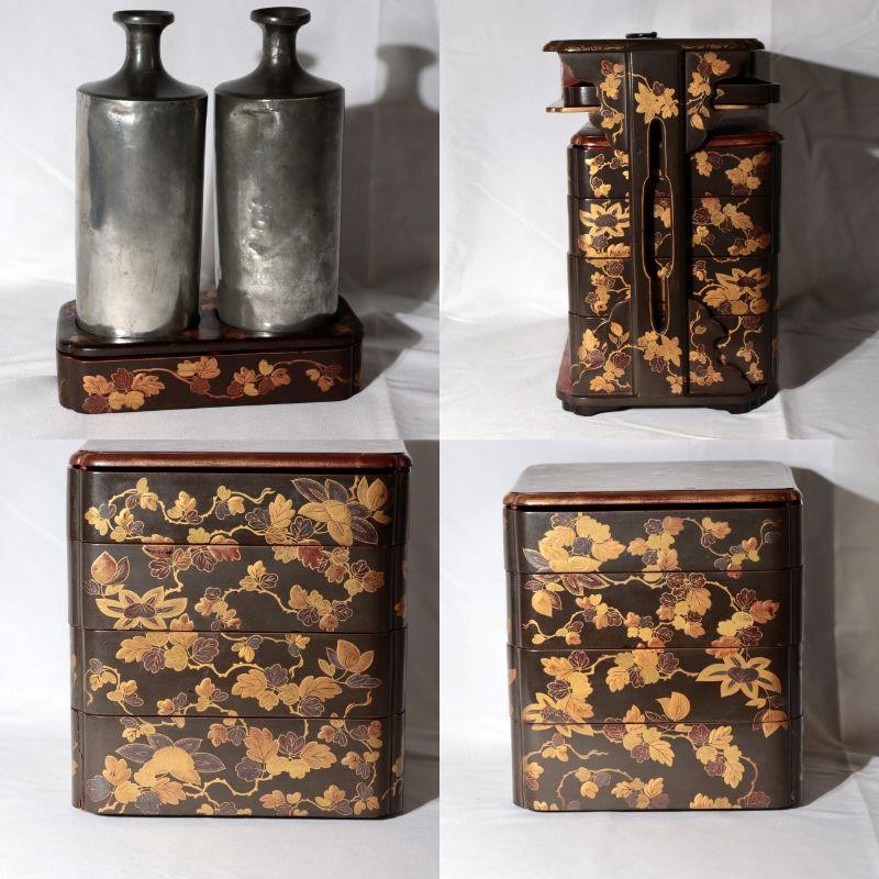 ​Antique Japanese Maki e Lacquer Nobento Sageju Picnic Set Tin Flasks WO63619