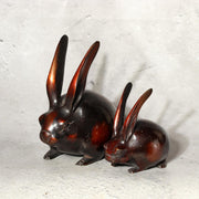 Japanese Bronze Rabbit Pair Okimono Statue Figurine Mottled Red Patina Zen9