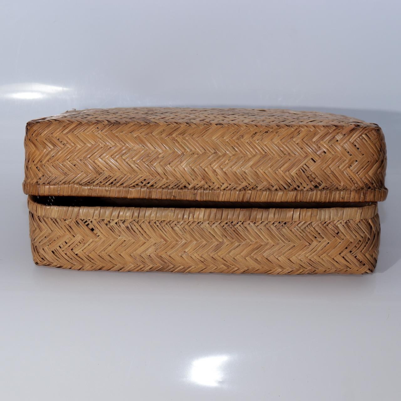 Vintage Japanese Woven Bamboo Box Rectangular Basket Lid Case BVO729