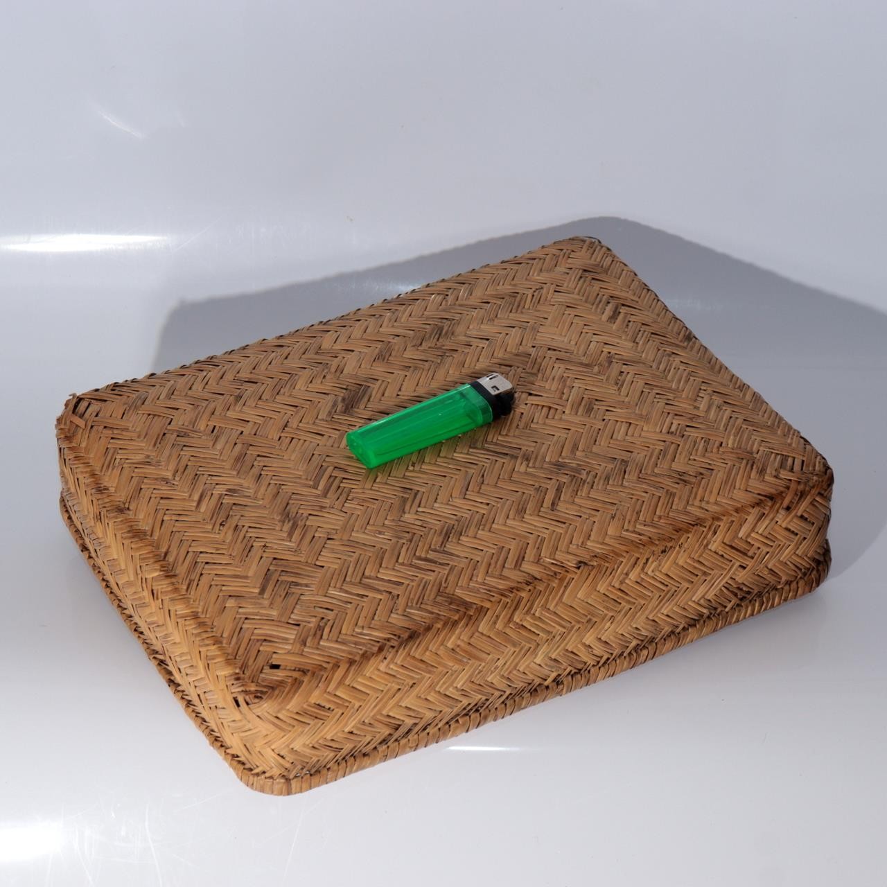 Vintage Japanese Woven Bamboo Box Rectangular Basket Lid Case BVO721