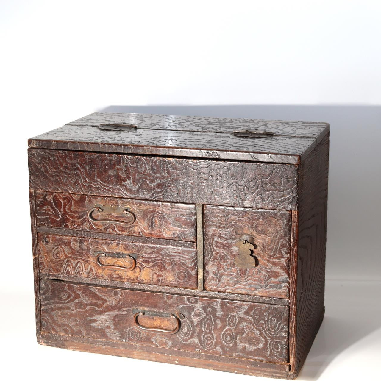 Antique Japanese Haribako Sewing Box Meiji Keyaki/Tamo Wood Brass Hardware Drawe0