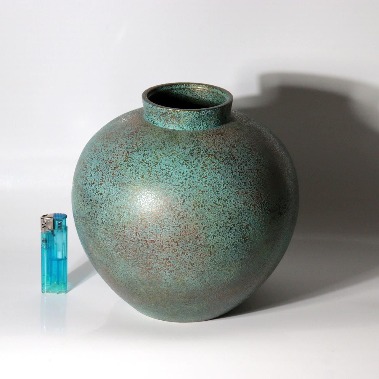 Vintage Japanese Cast Bronze Vase Blue Gold Mottled Patina Tomobako BV7844