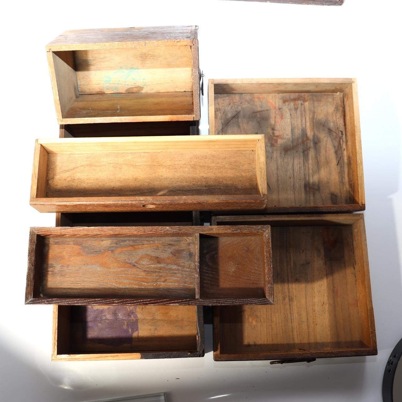 Antique Japanese Haribako Sewing Box Meiji Keyaki/Tamo Wood Brass Hardware Drawe15