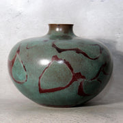 Japanese Takaoka Bronze Flat Round Vase Kankei Hanya Mottled Patina Tomobako9