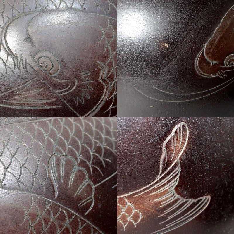 Japanese Cast Bronze Vase Twin Koi Carp Kankei Hanya Houn Engraved BV7736