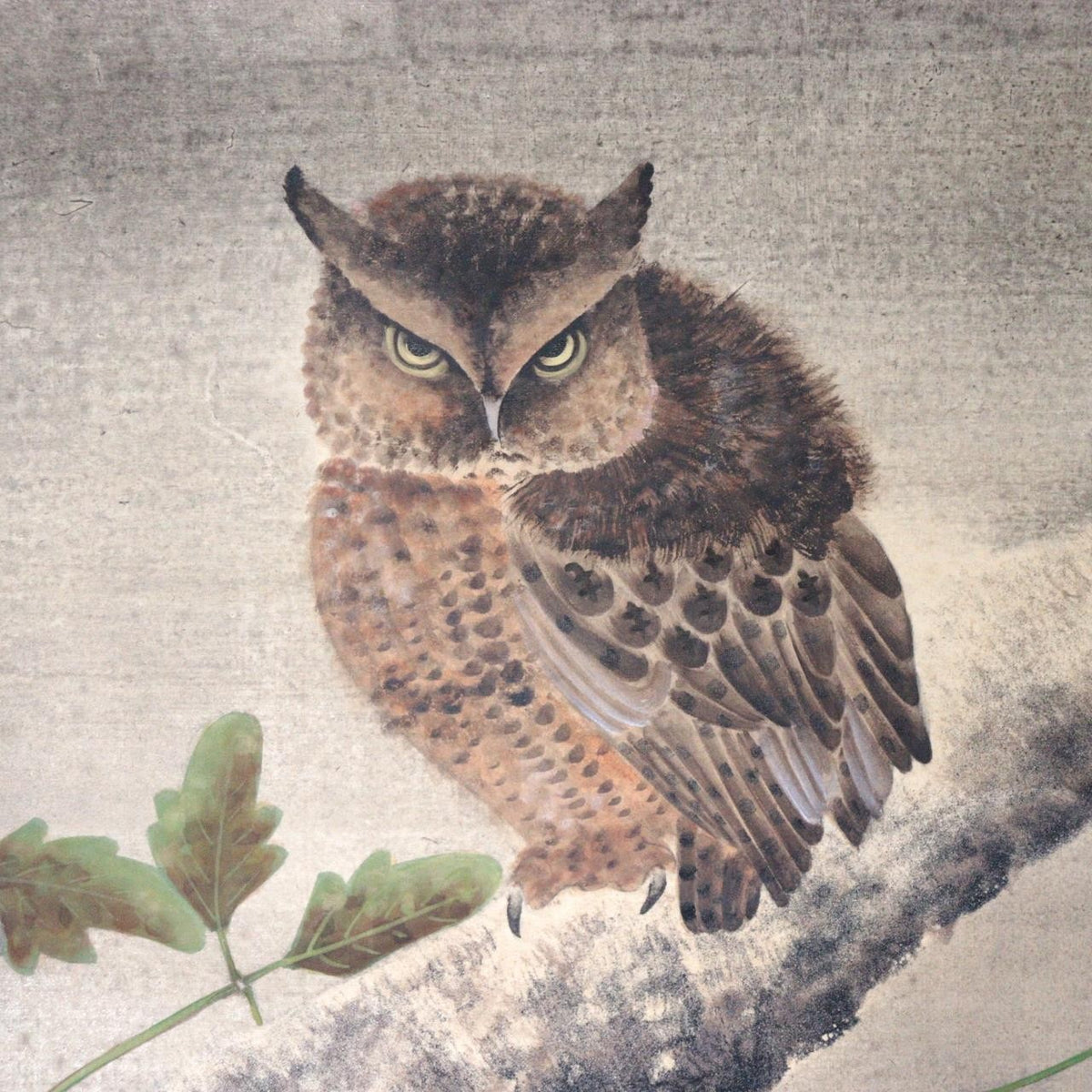 Vintage Japanese Silk Hanging Scroll Painting Chikutei Owl Akebia0