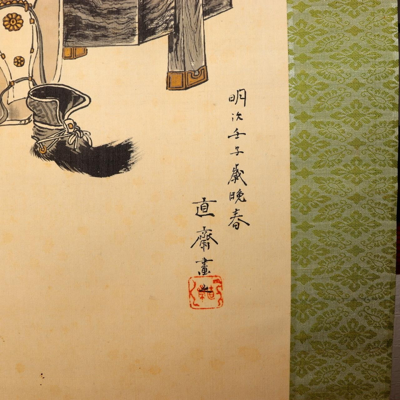 Antique Japanese Hanging Scroll Kakejiku Samurai Armor Hand Painted Silk ASO43515