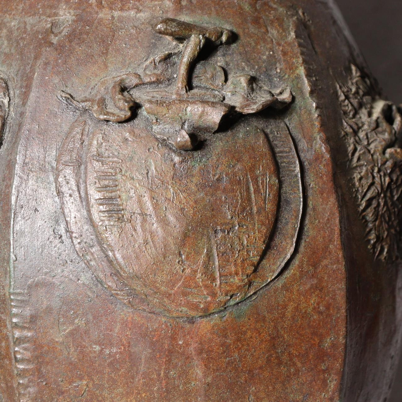 Large Japanese Master Bronze Vase by Hirai Shoho Cire Perdue Relief Fruit Motif13