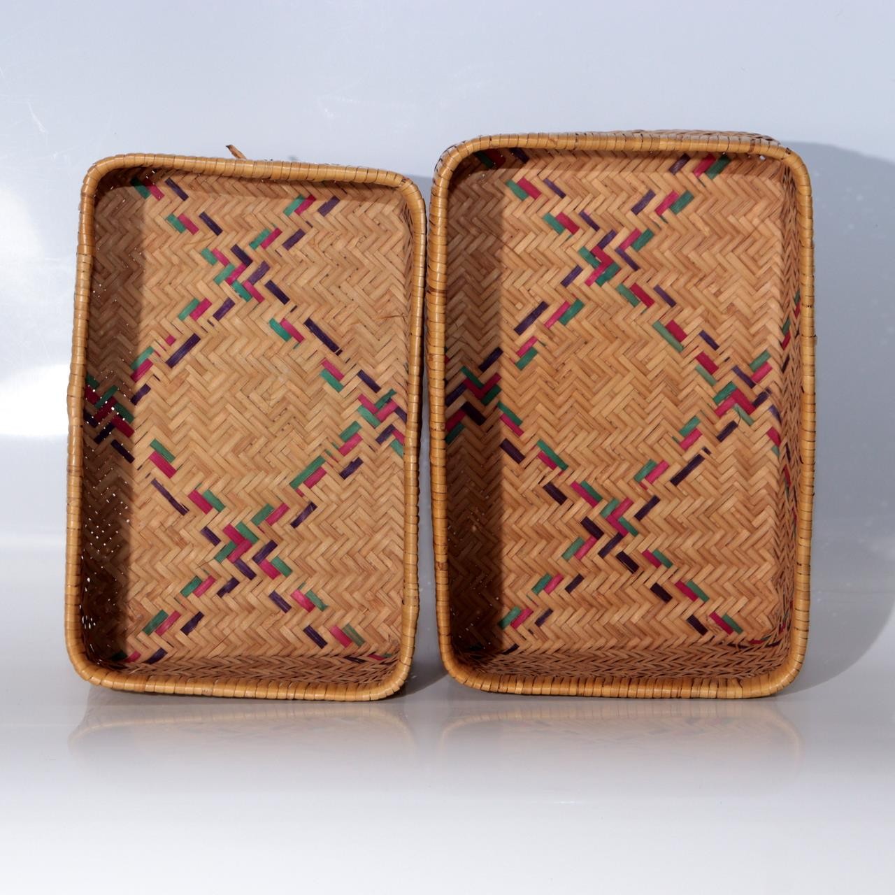 Vintage Japanese Woven Bamboo Rectangular Box Colored Diamond Pattern BVO711