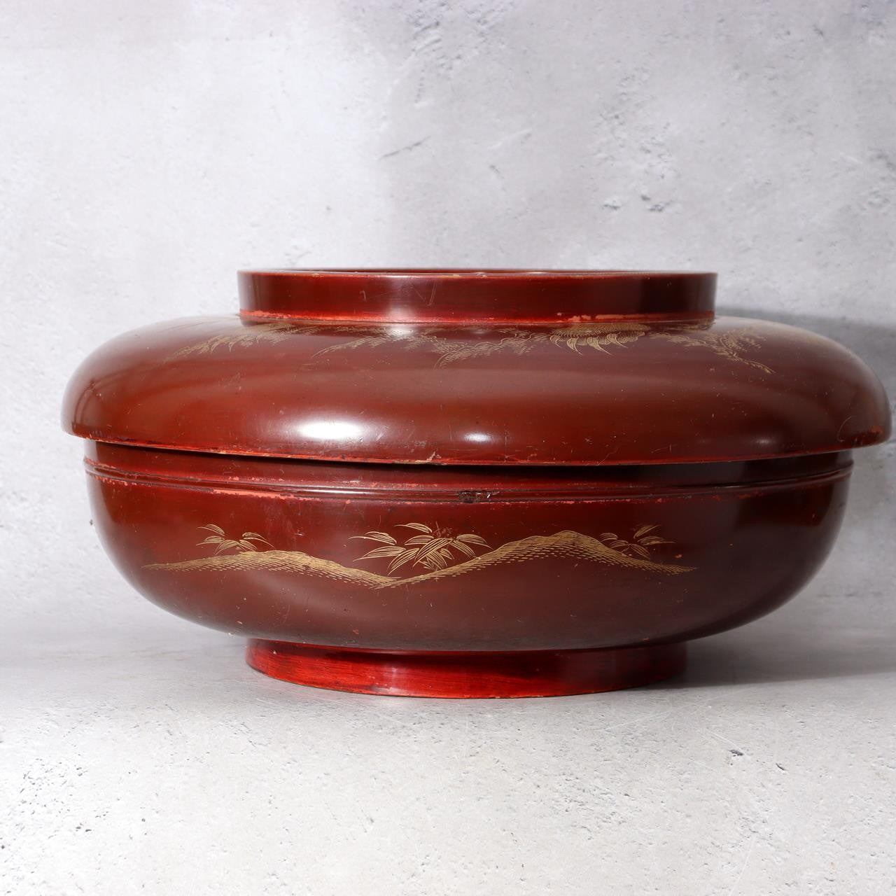 Vintage Japanese Lacquerware Large Lidded Bowl Neko Tora Tiger Bamboo WO6029