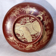 Vintage Japanese Lacquerware Large Lidded Bowl Neko Tora Tiger Bamboo WO6021