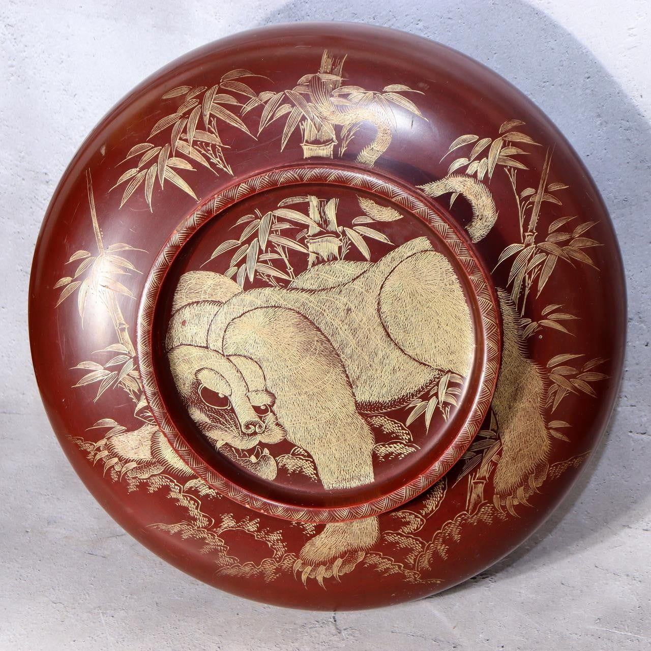 Vintage Japanese Lacquerware Large Lidded Bowl Neko Tora Tiger Bamboo WO6021