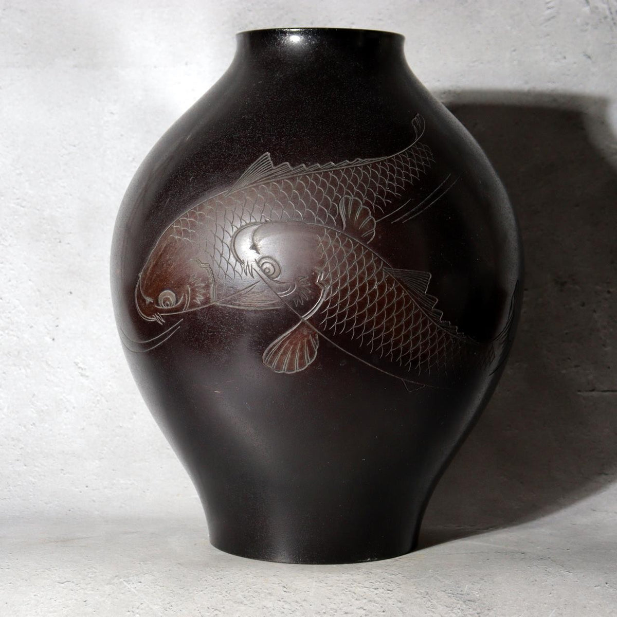 Japanese Cast Bronze Vase Twin Koi Carp Kankei Hanya Houn Engraved BV7730