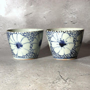 Edo Period Ko-Imari Blue and White Soba Choko Cup Set Net Flower 2pcs Japanese1