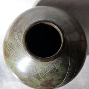 Japanese Bronze Vase Mottled Green Patina Engraved Lines Shimpo BV7713