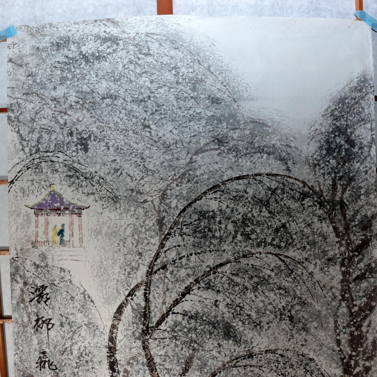 1993 Chinese Unmounted Ink Painting Makuri Snow Scene Willow Horse Riders10