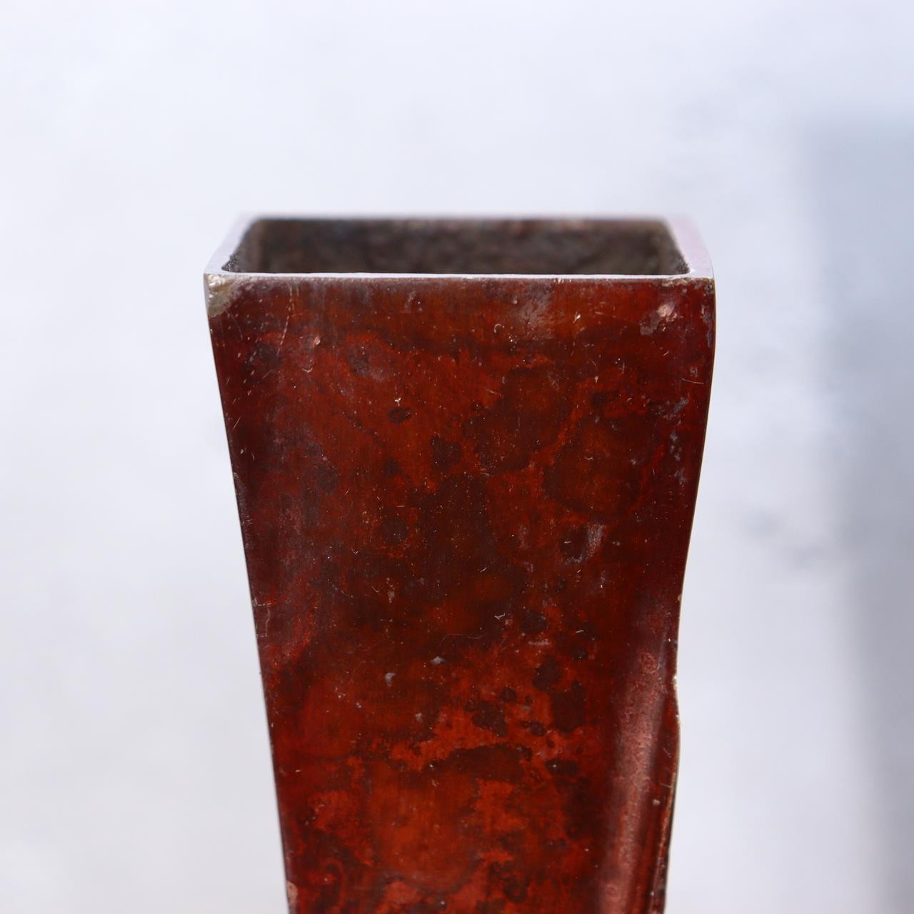 Japanese Bronze Twisted Vase Geometric Square Column Heavy Studio Ikebana Vessel11